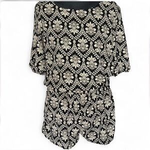 Black & Cream Damask Print Romper